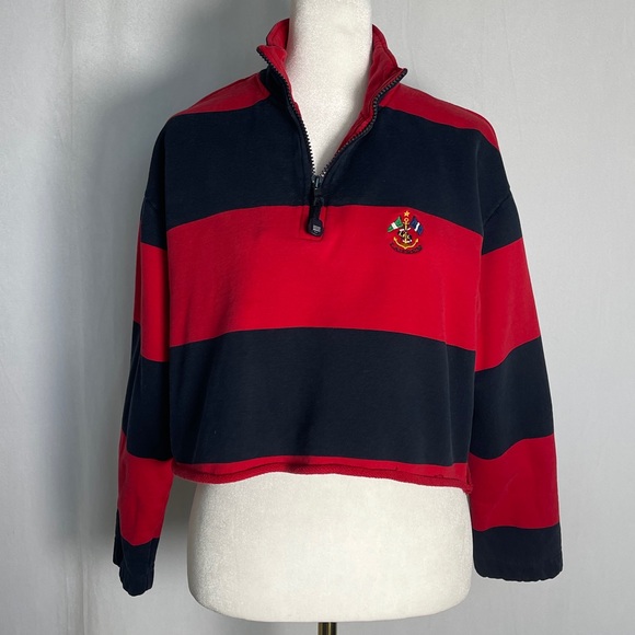 Lauren Ralph Lauren 1/4 Zip Pullover Sweatshirt Sz S Crest Nautical Preppy Crop - Picture 1 of 8